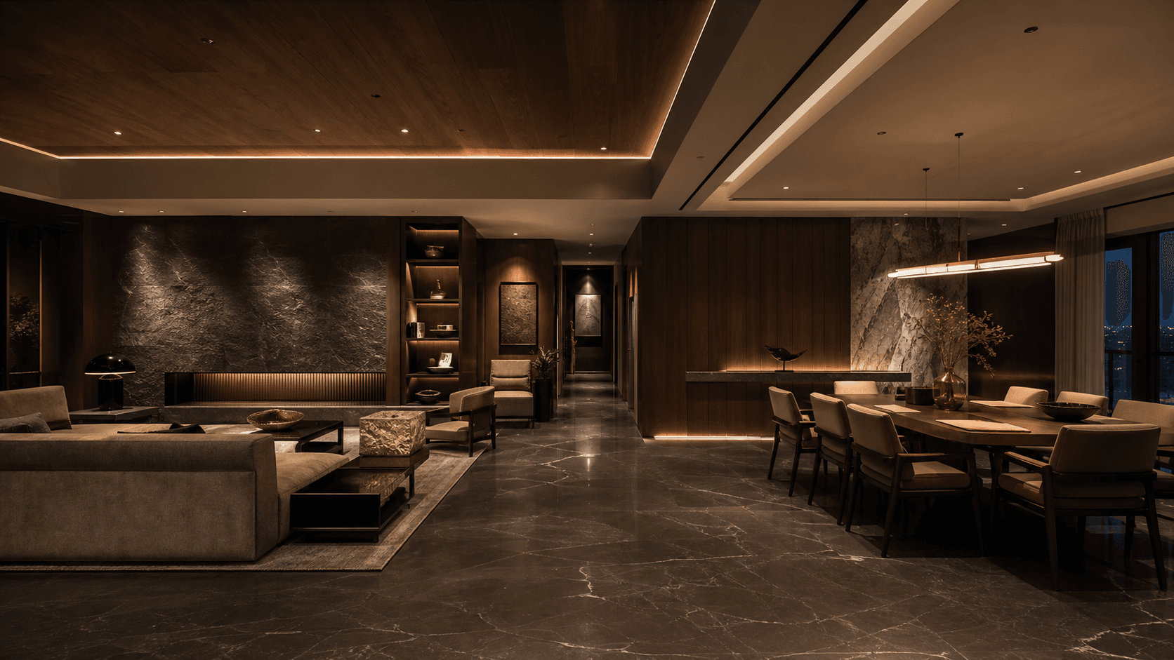 Luxury residence interior with warm stone, wood, and bronze detailing