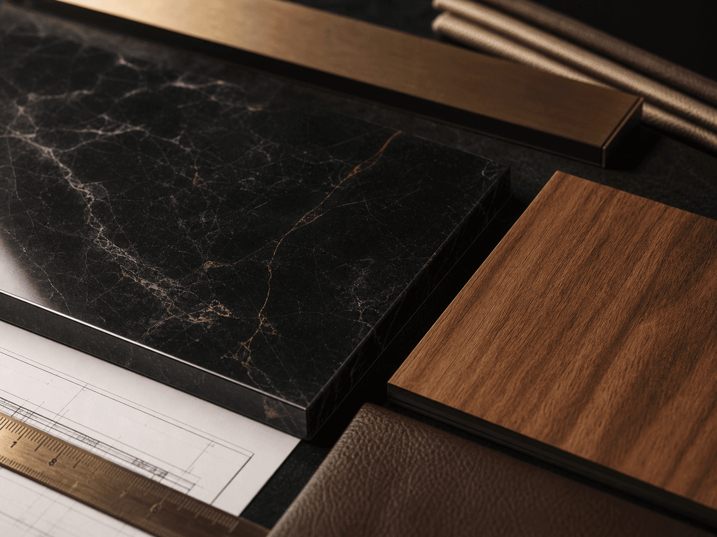 Premium interior material palette with stone, wood, bronze, and drawings