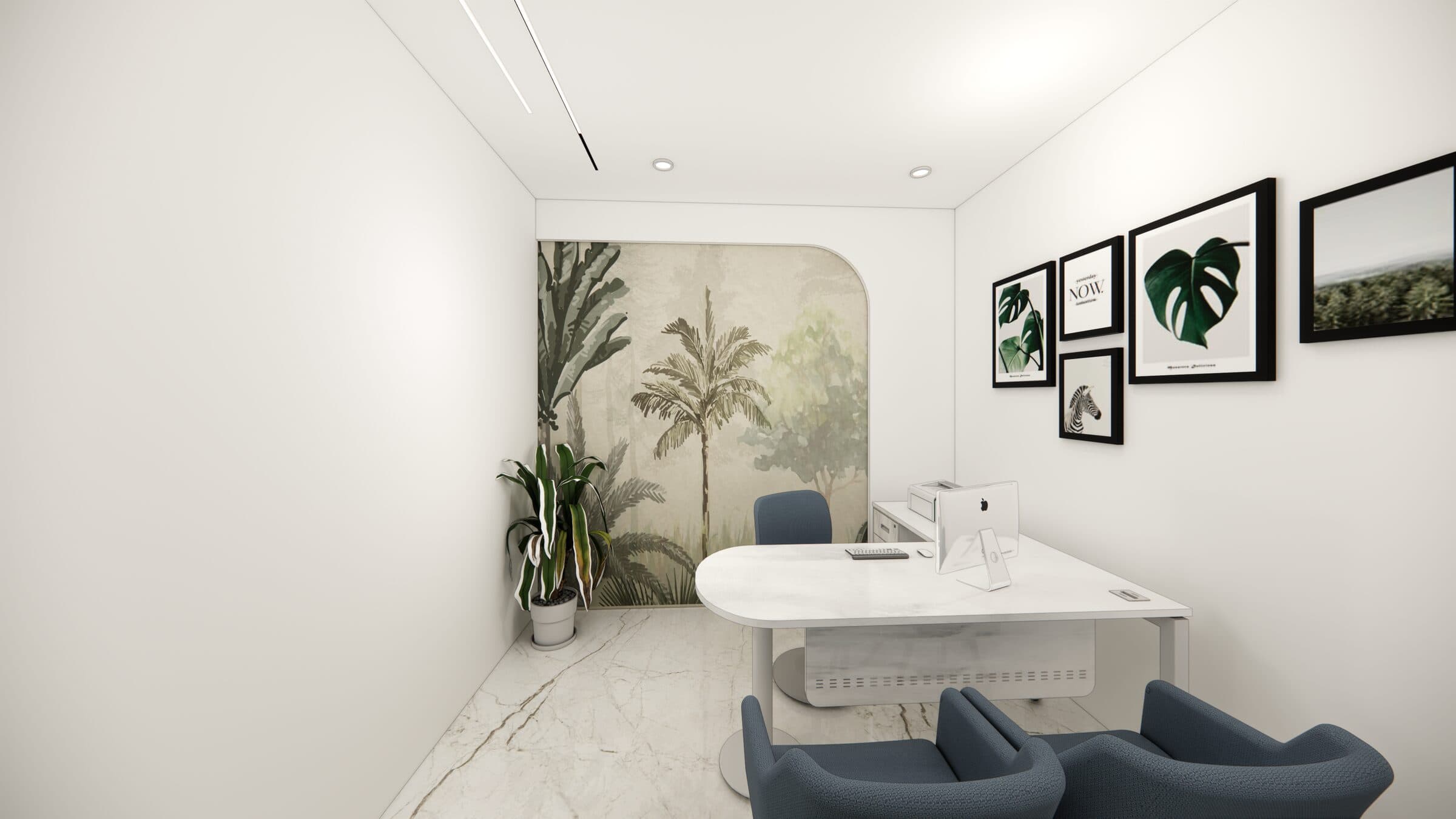 Consultation suite with framed artwork and warm, layered lighting
