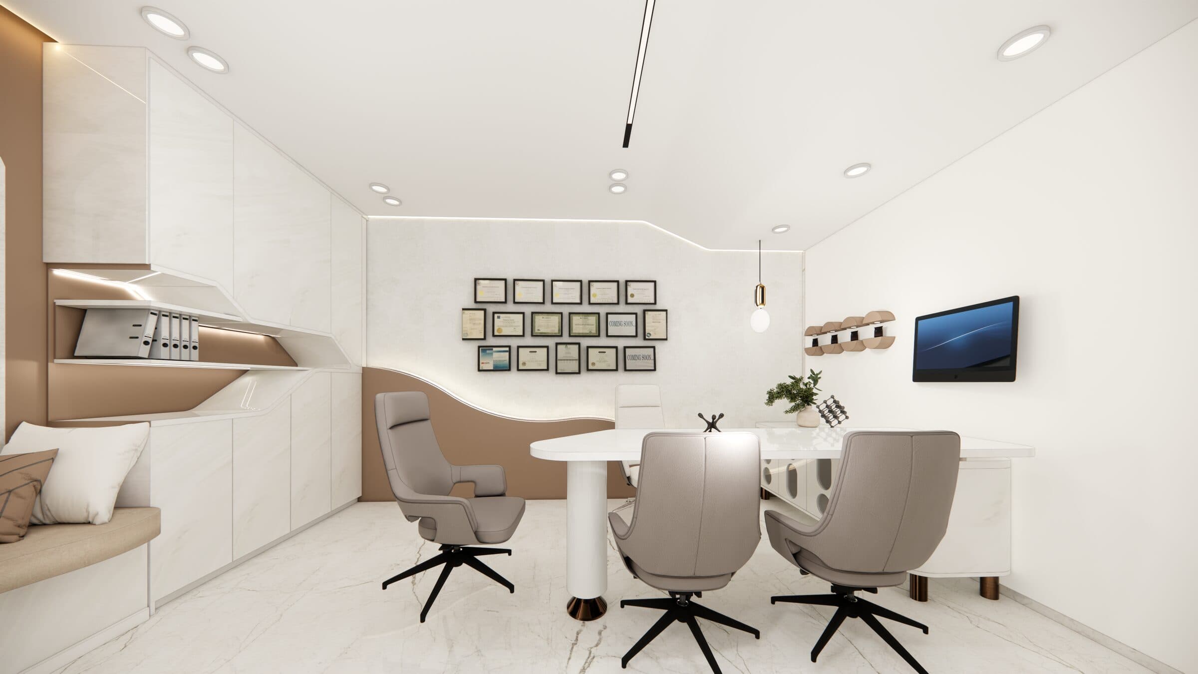 Consultation room with a curved desk and book-matched marble backdrop