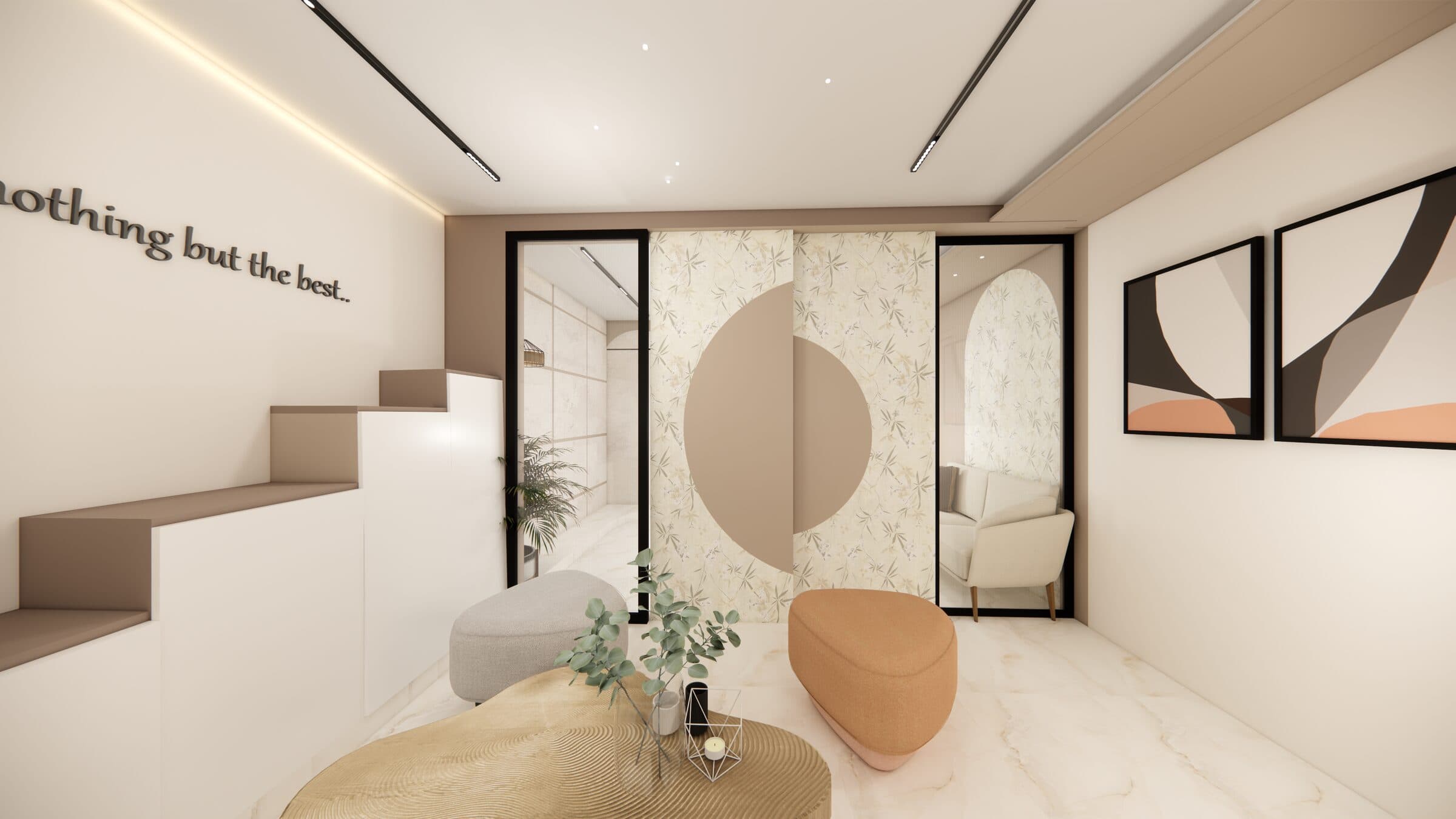 Counselling alcove with a curved desk and a sculpted greenery niche