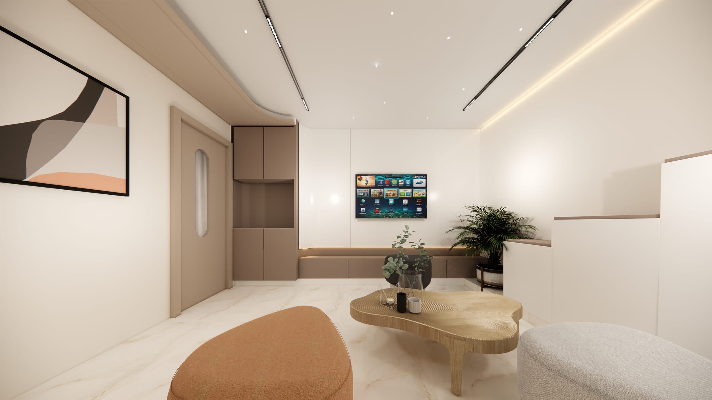 Counselling room with an integrated media wall and lounge seating