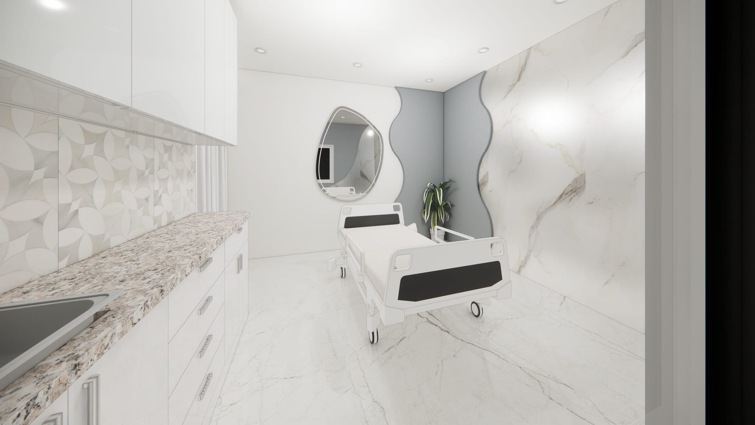 Procedure room with a treatment chair and a soft blue, clinical palette