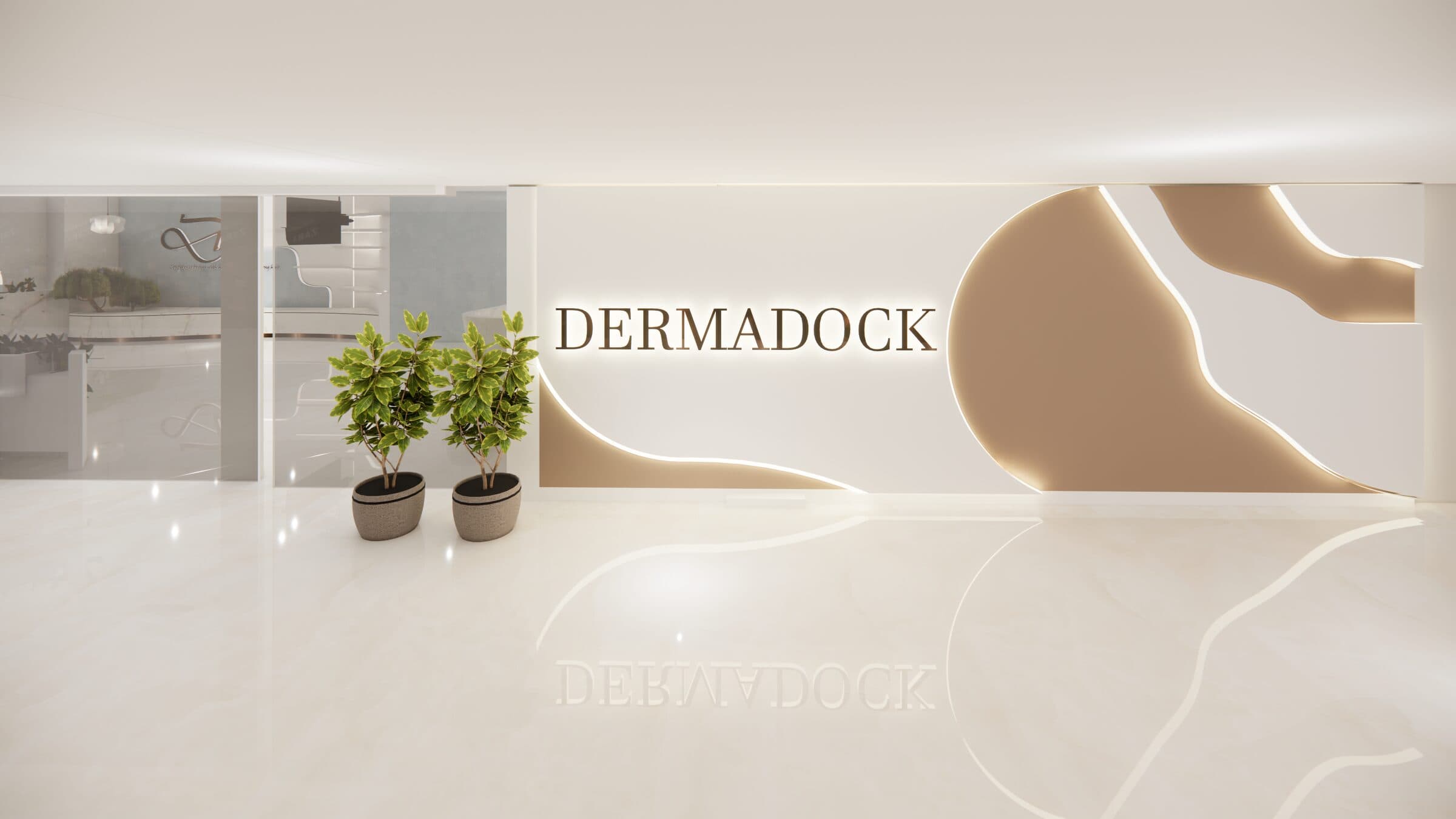 Dermadock reception with brand signage, curved planter desk, and warm marble