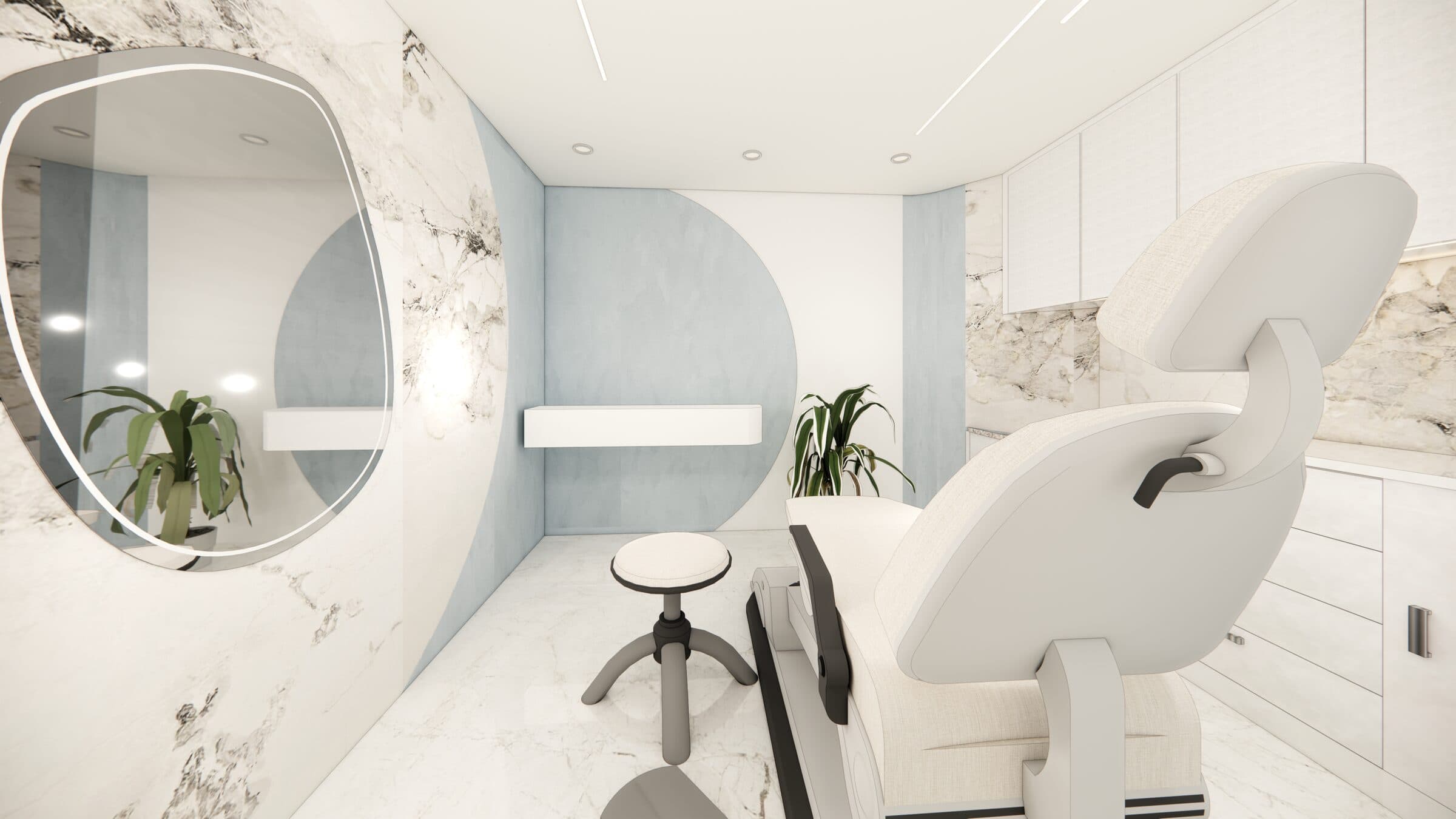 Treatment bay with an adjustable chair and concealed services
