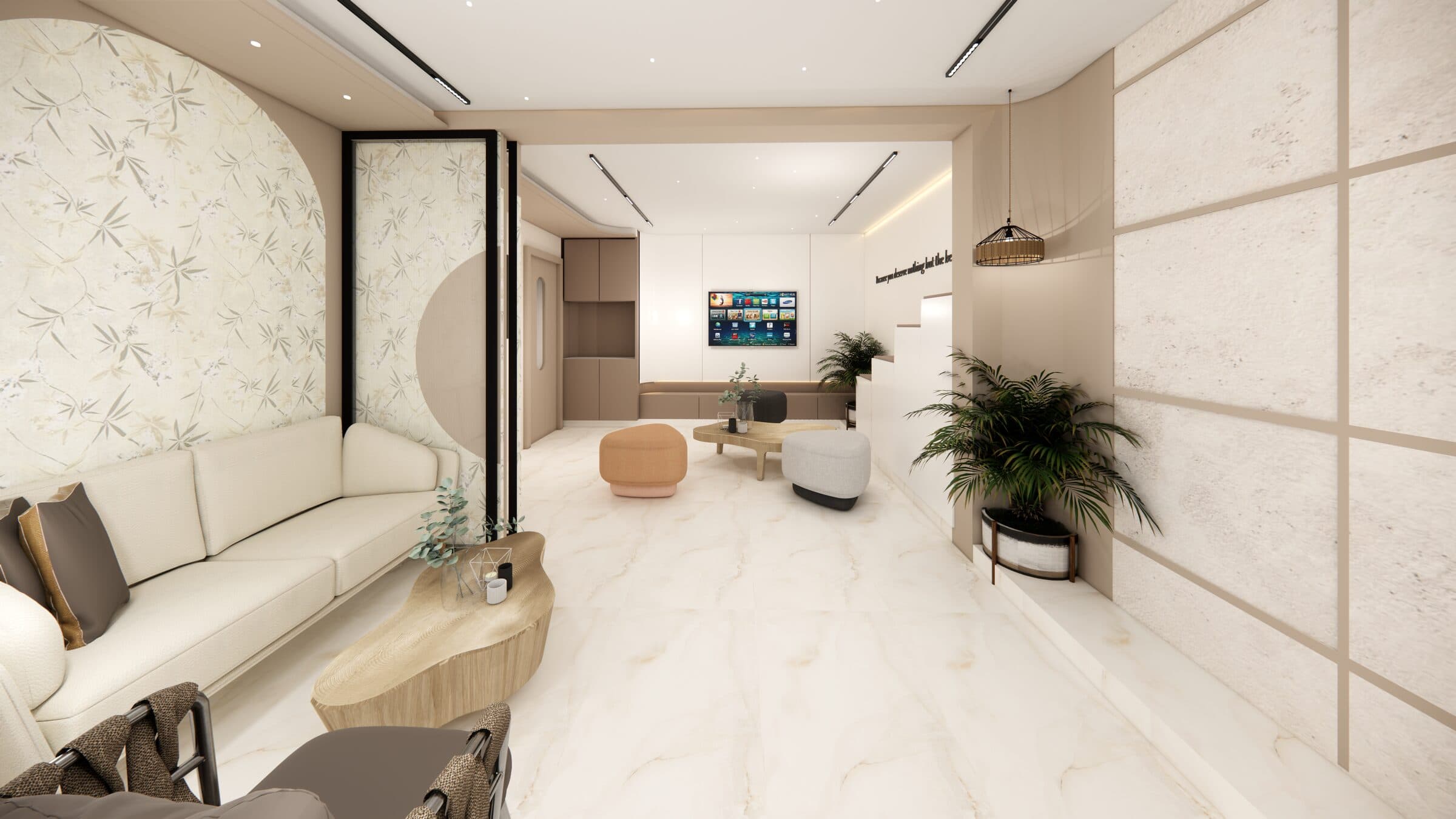 VIP counselling suite with an organic partition wall and marble