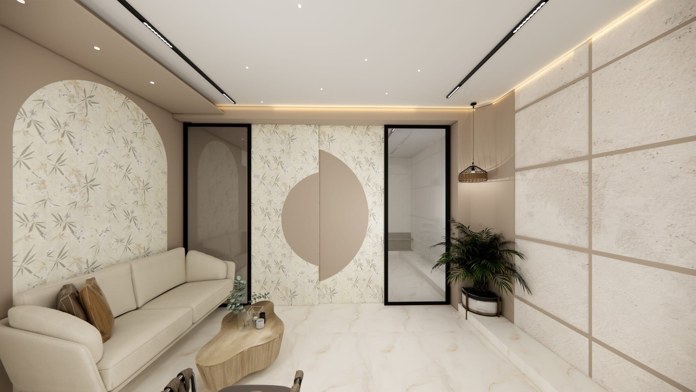 VIP lounge with curved seating and warm wood detailing