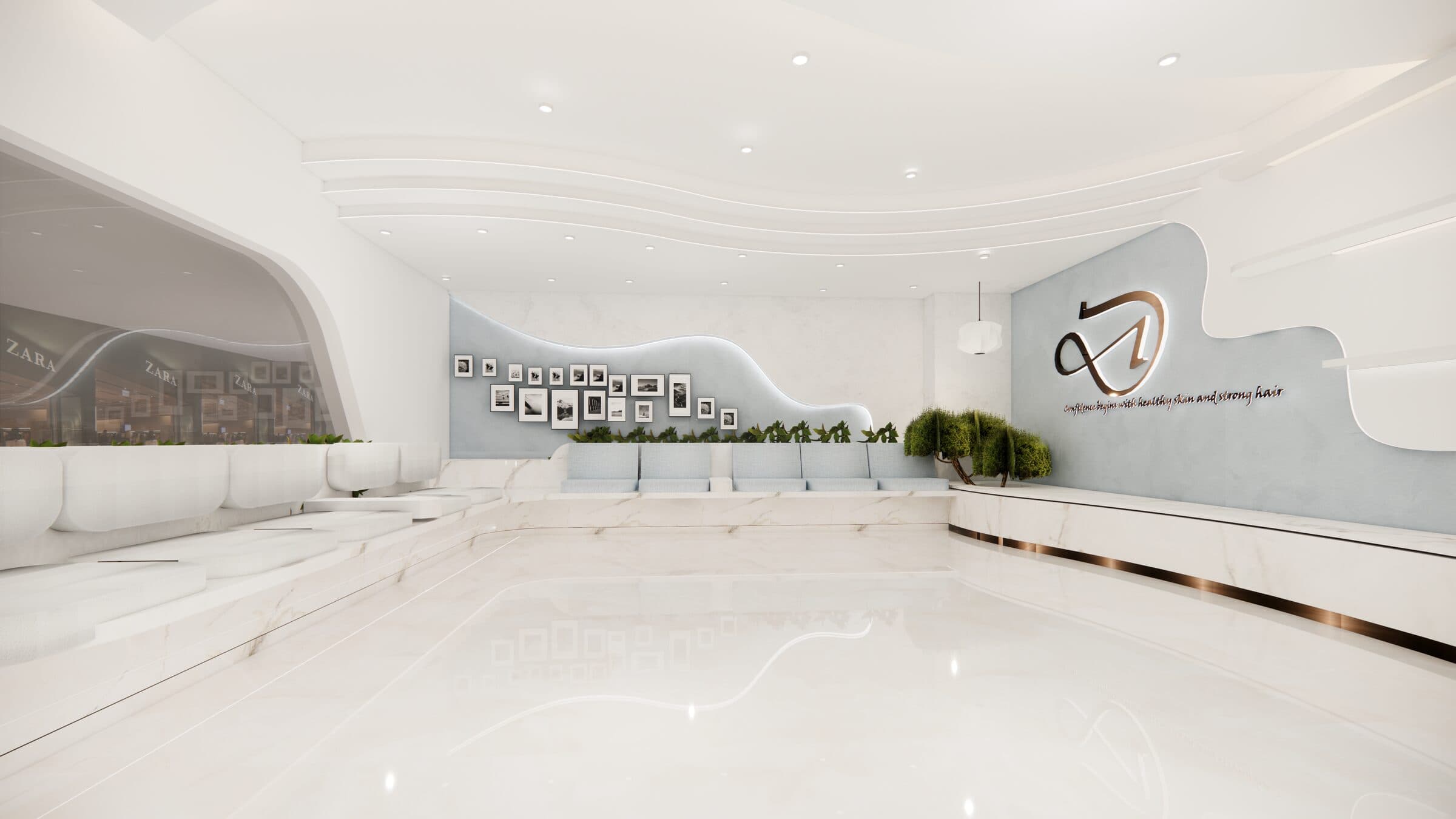 Double-height waiting lobby with the brand mark on the feature wall and framed art