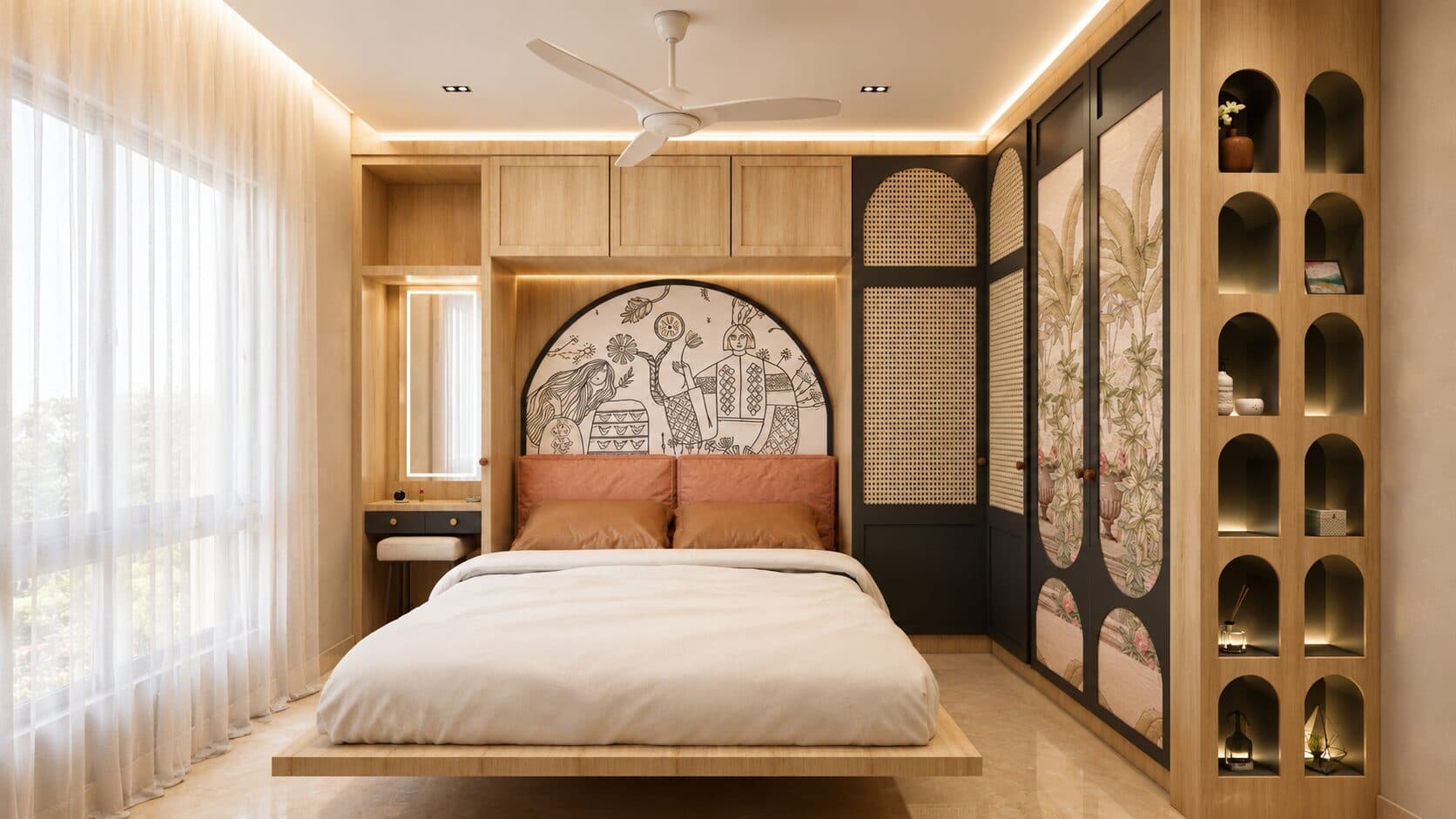 Bedroom with a carved arch headboard and a walk-in wardrobe