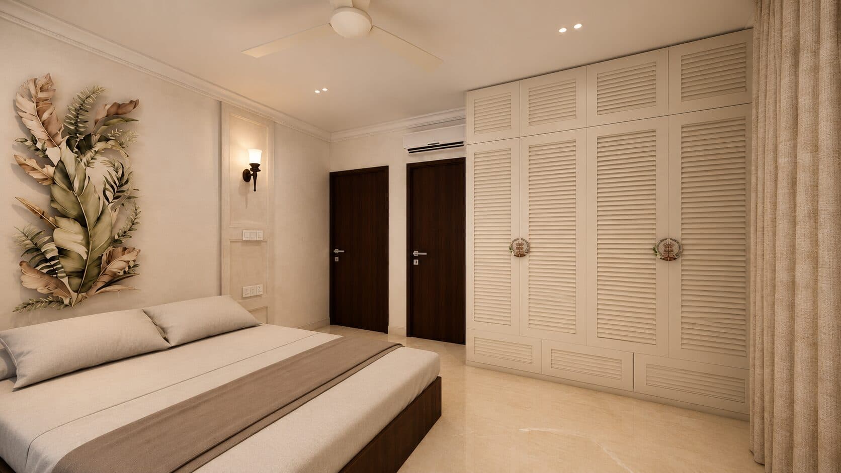Guest bedroom with a platform bed and full-height white wardrobes
