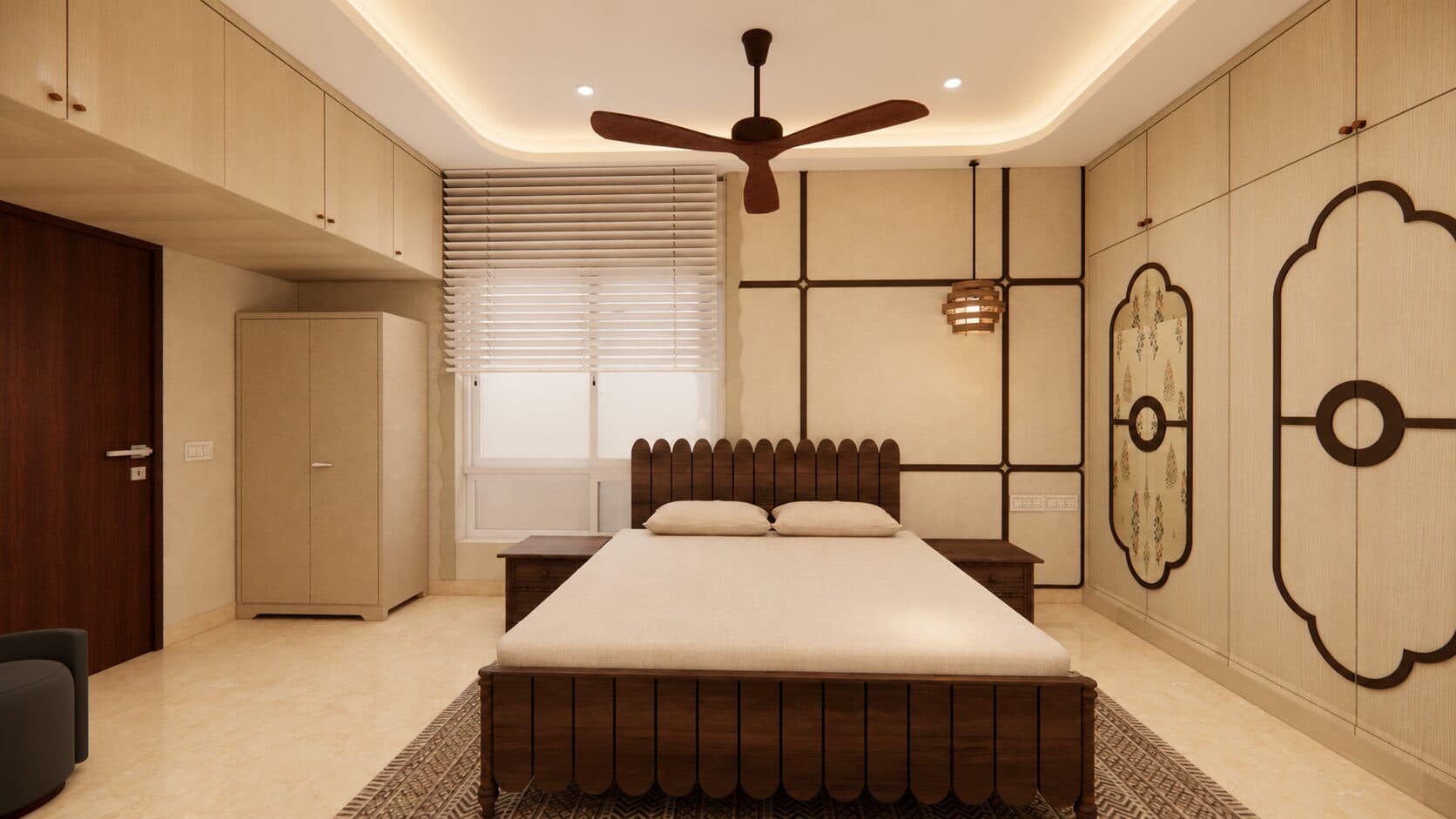 Bedroom with a bespoke grid-screen feature wall and an upholstered platform bed