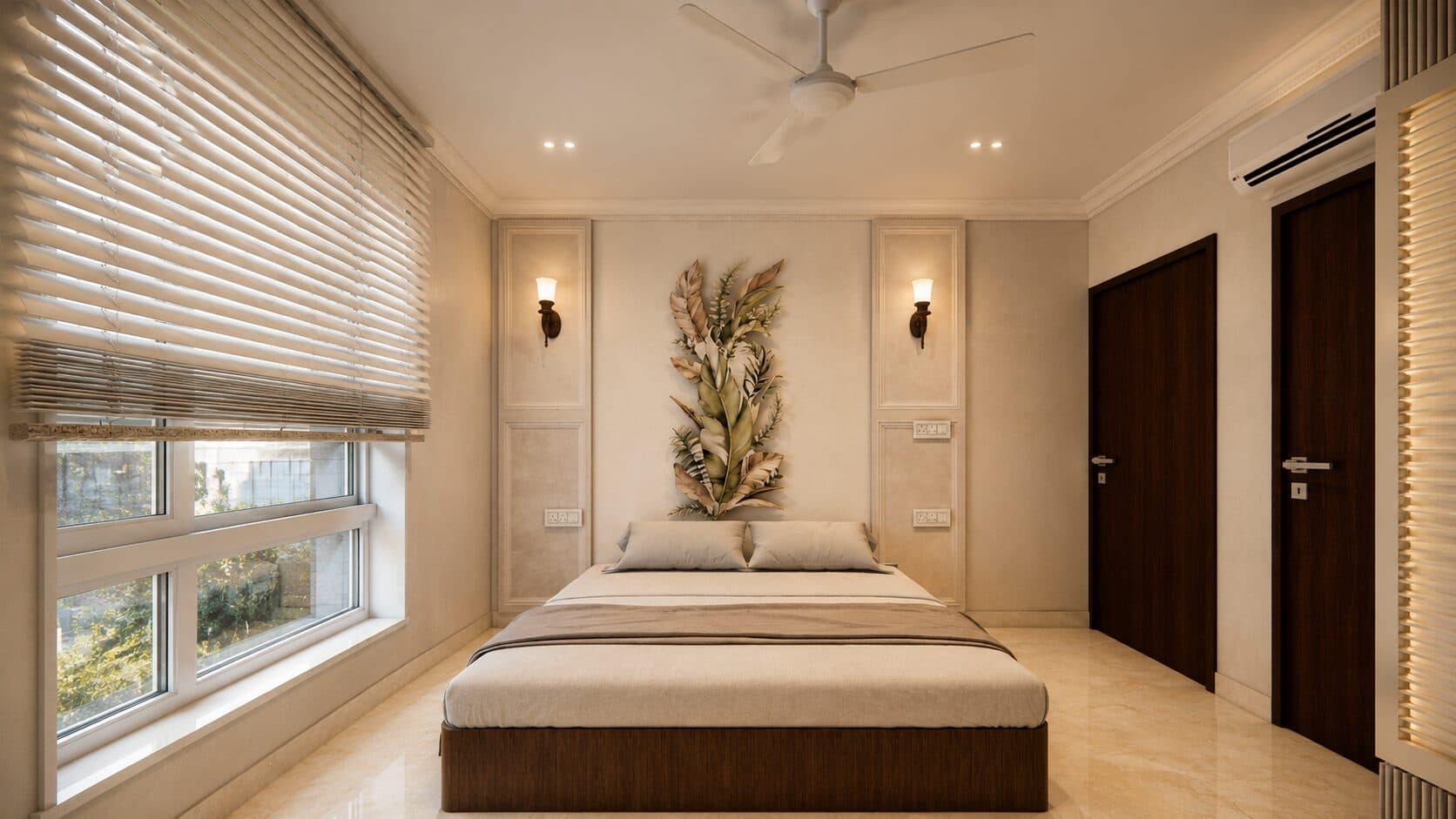 Bedroom with a travertine arched headboard wall and bay windows