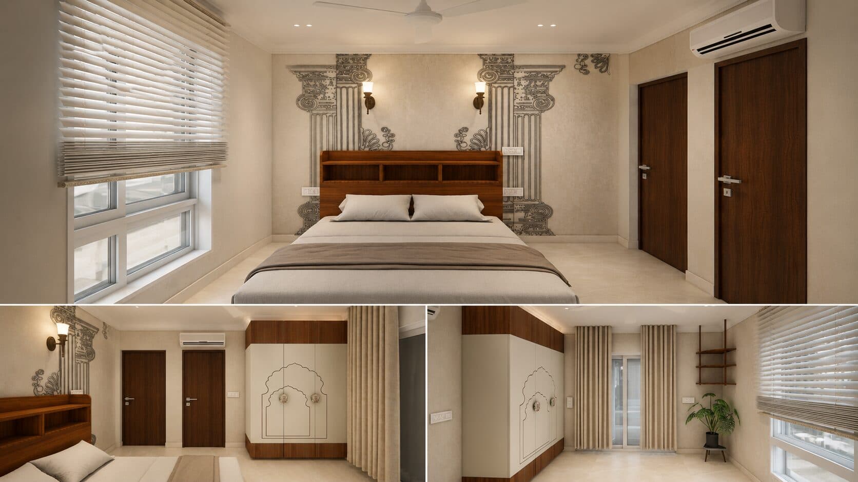 Bedroom with an upholstered headboard and a mirrored wardrobe