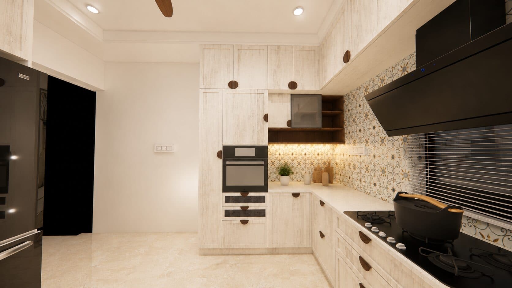 Modular kitchen with a patterned backsplash and a concealed hood