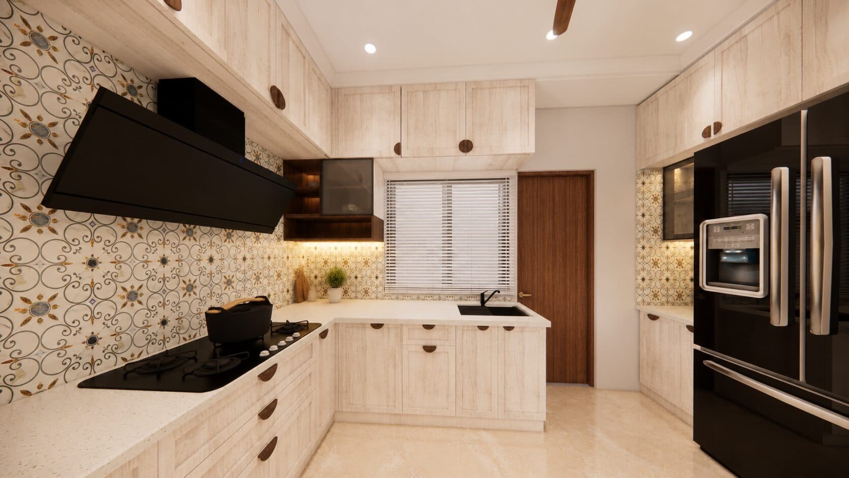 Kitchen in walnut and matte black with tall storage units
