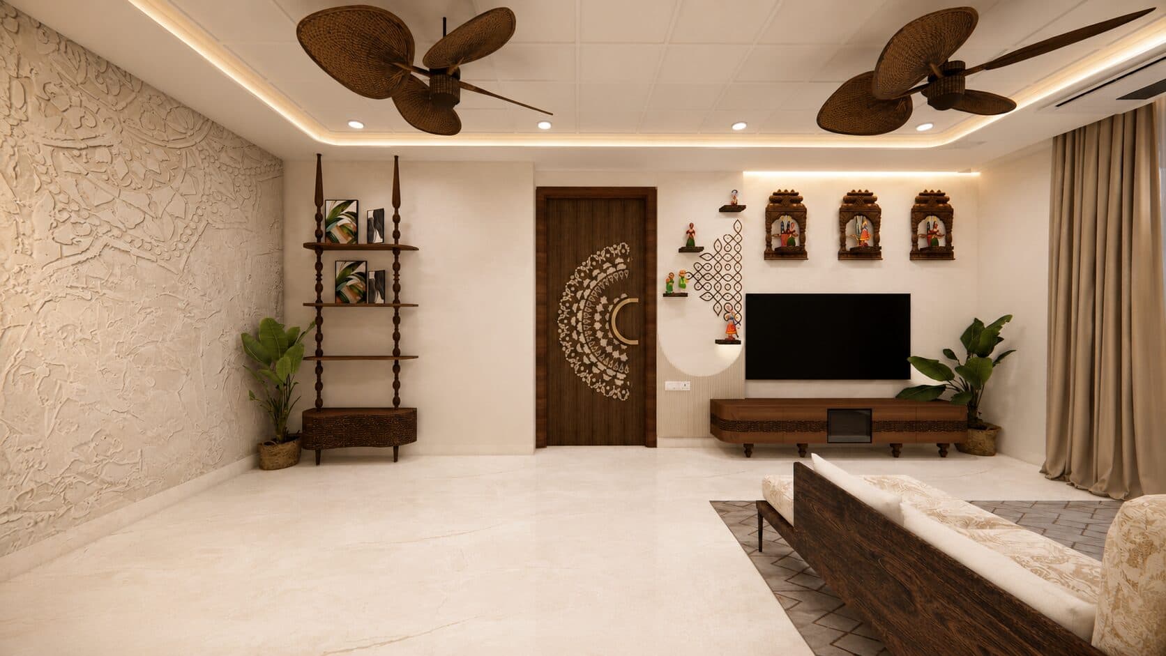 Open living and dining with arched passage detailing and a media wall