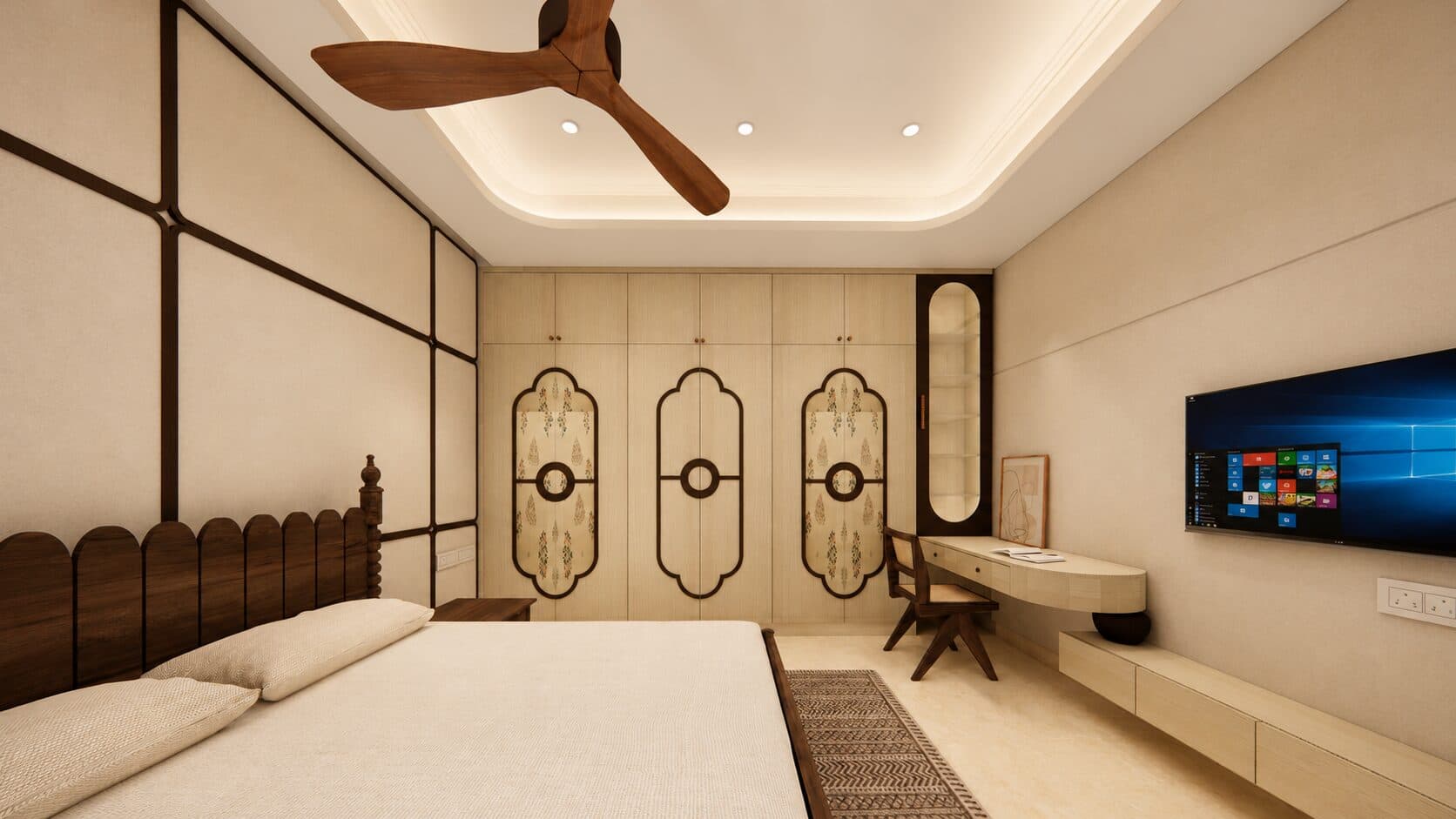 Master bedroom suite with a carved four-poster bed, arched wardrobe panels, and an integrated study
