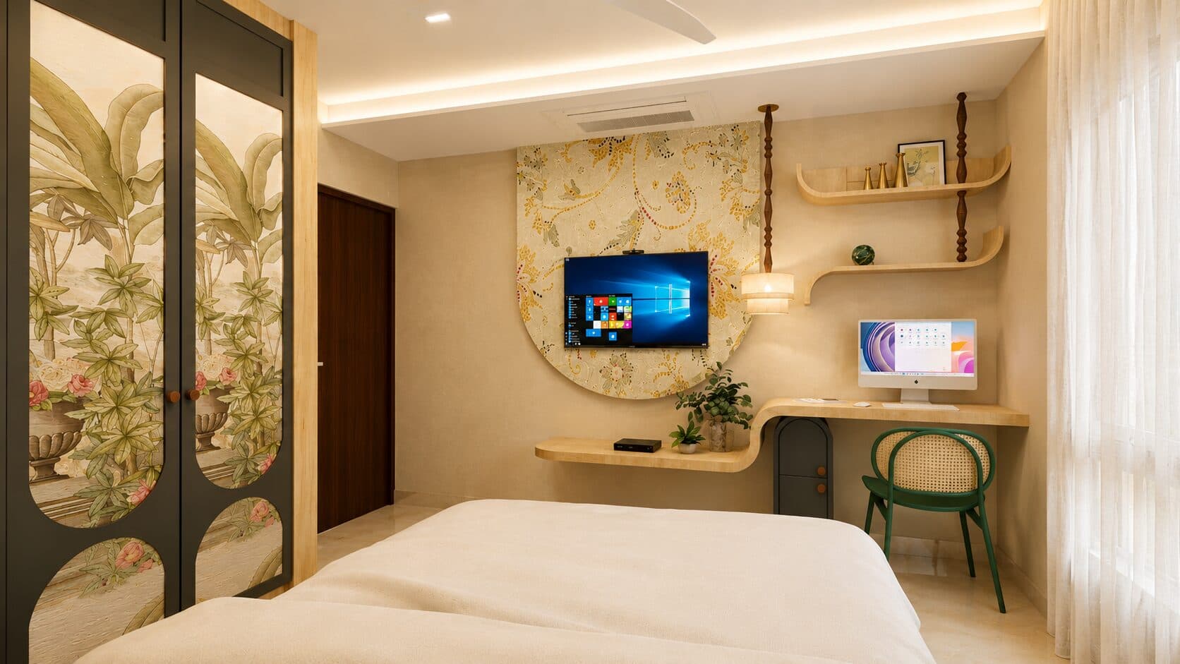 Study lounge with brass shelving and a media wall