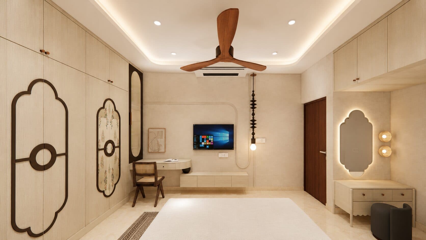 Study with an arch-framed mirror and a media console