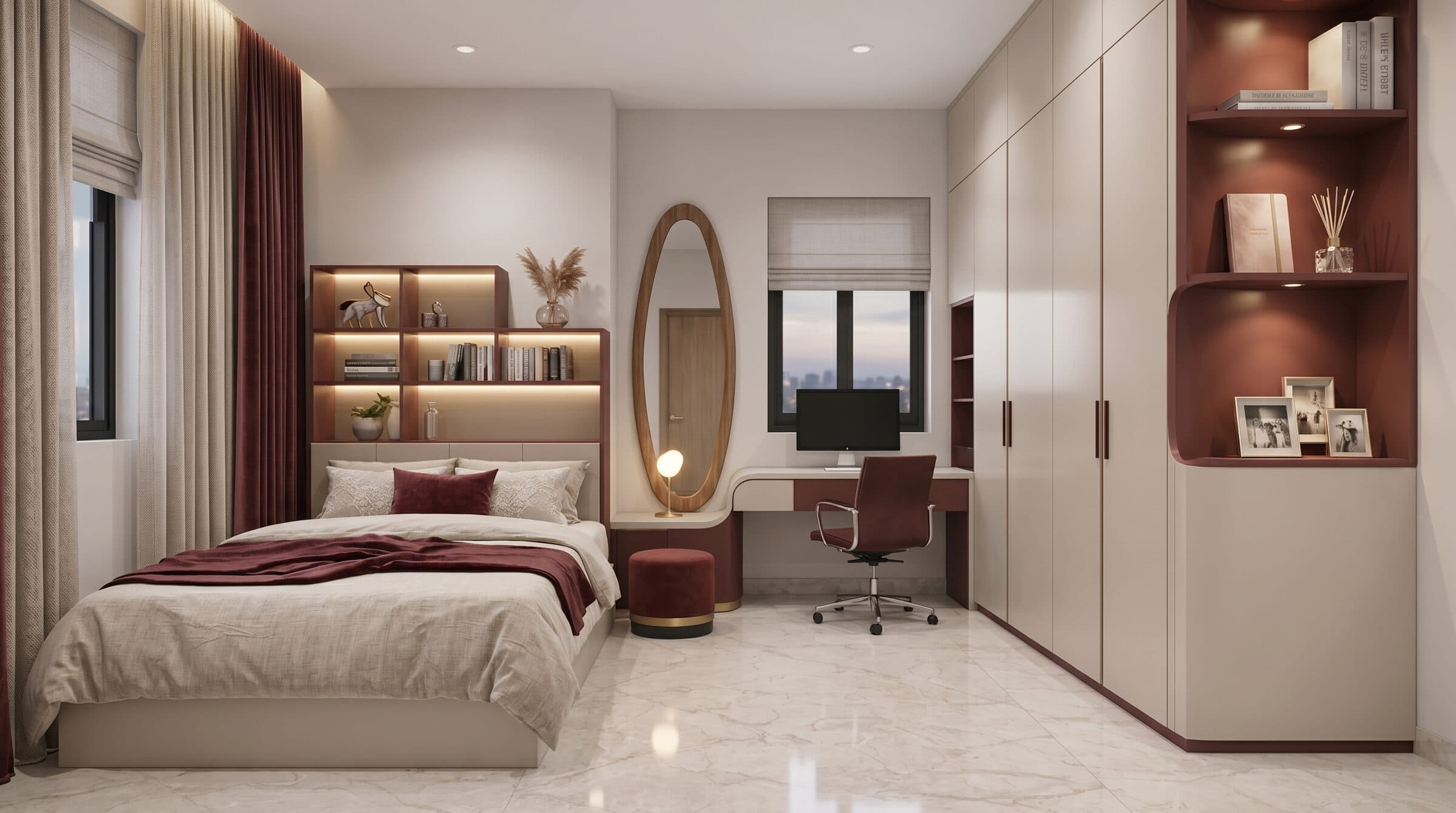 Master bedroom with full-height wardrobes, a study nook, and warm cove lighting