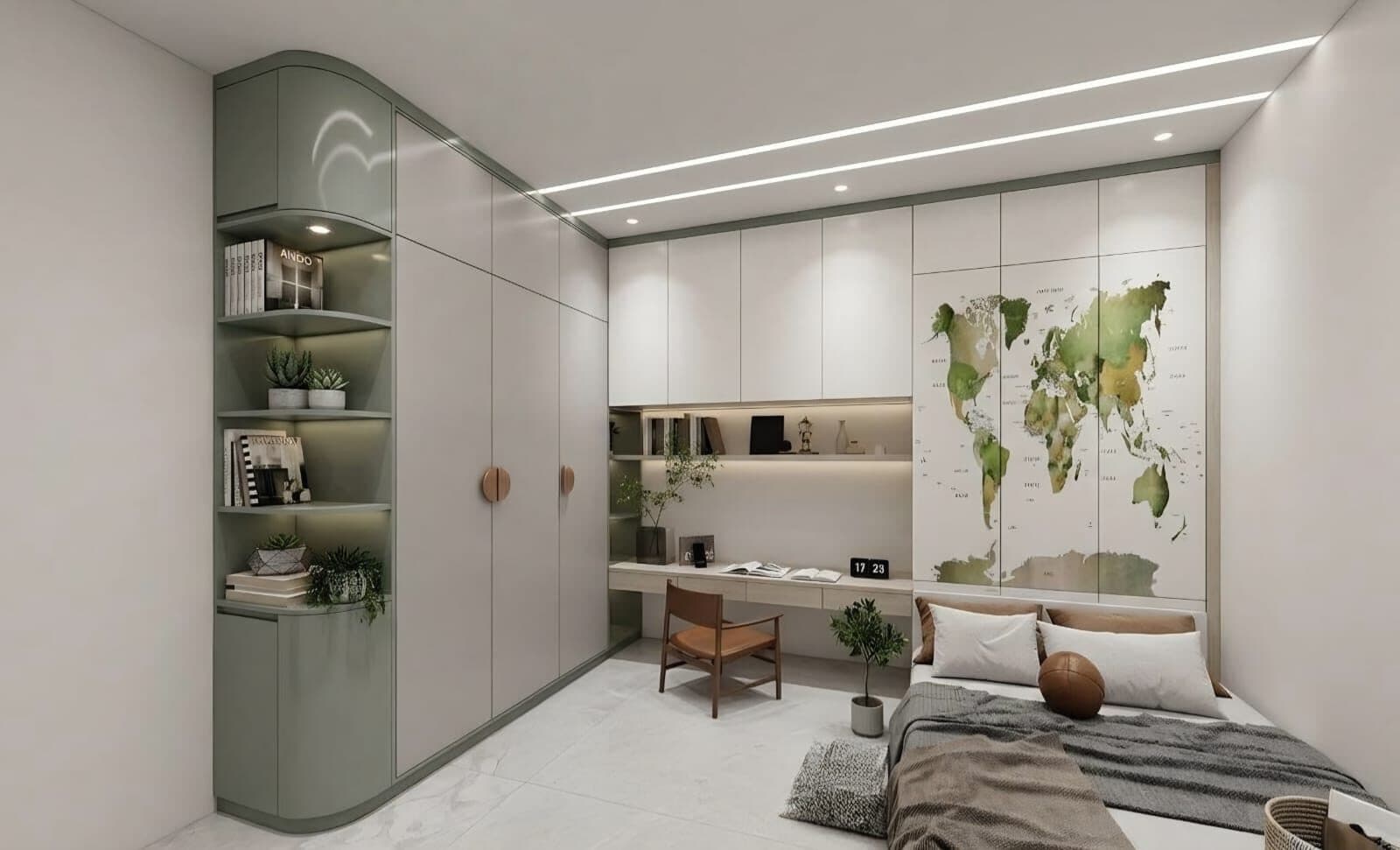 Study corner with green corner shelving and a world-map feature wall