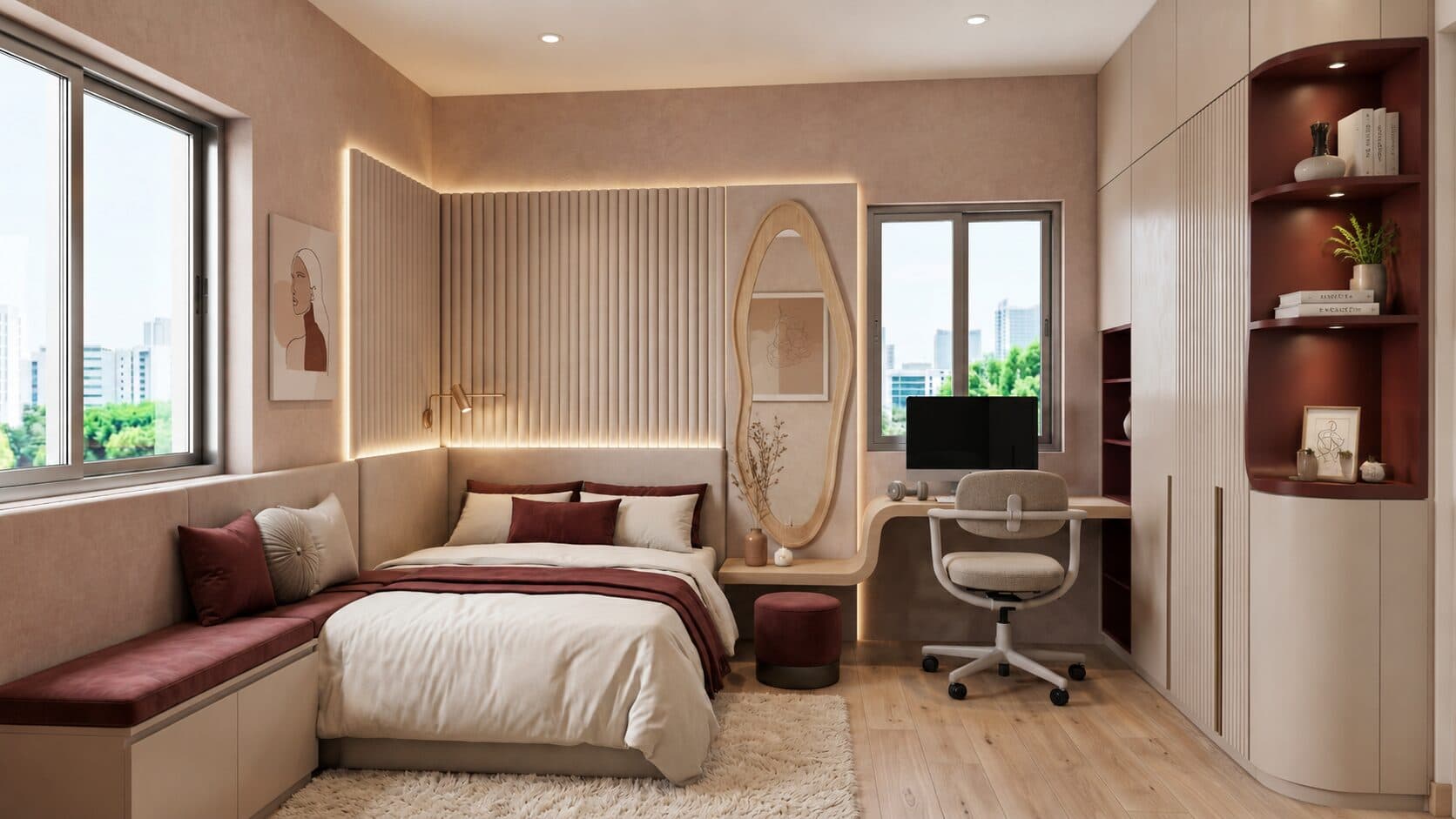 Master bedroom with an oval dressing mirror, a study desk, and a city-view window