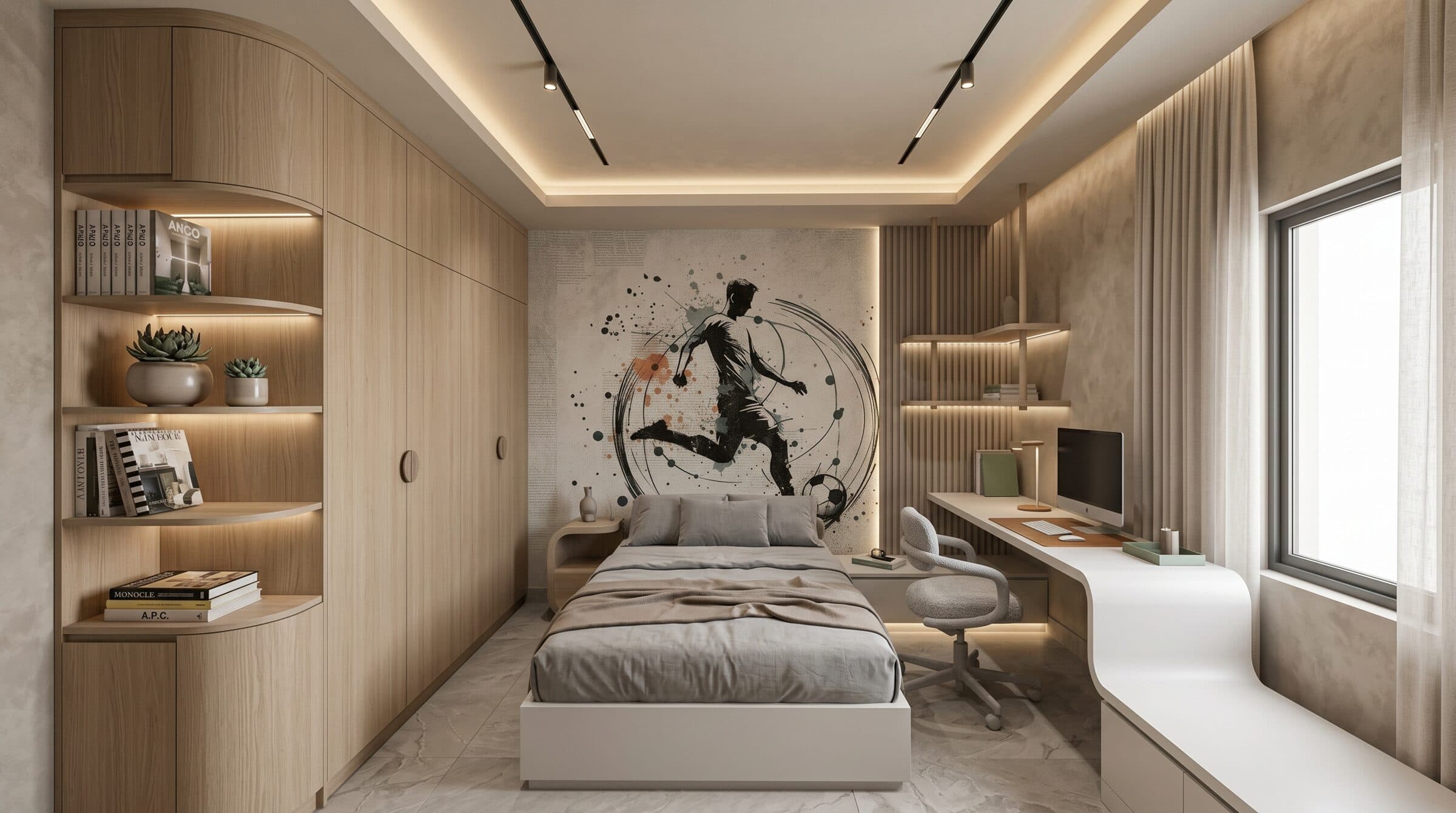 Second bedroom with a sports-themed mural feature wall and a study