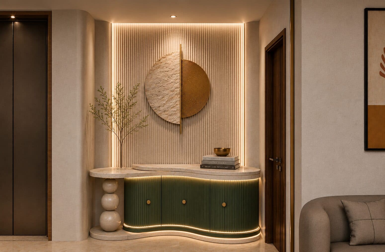 Console detail with a circular brass mirror and an idol niche
