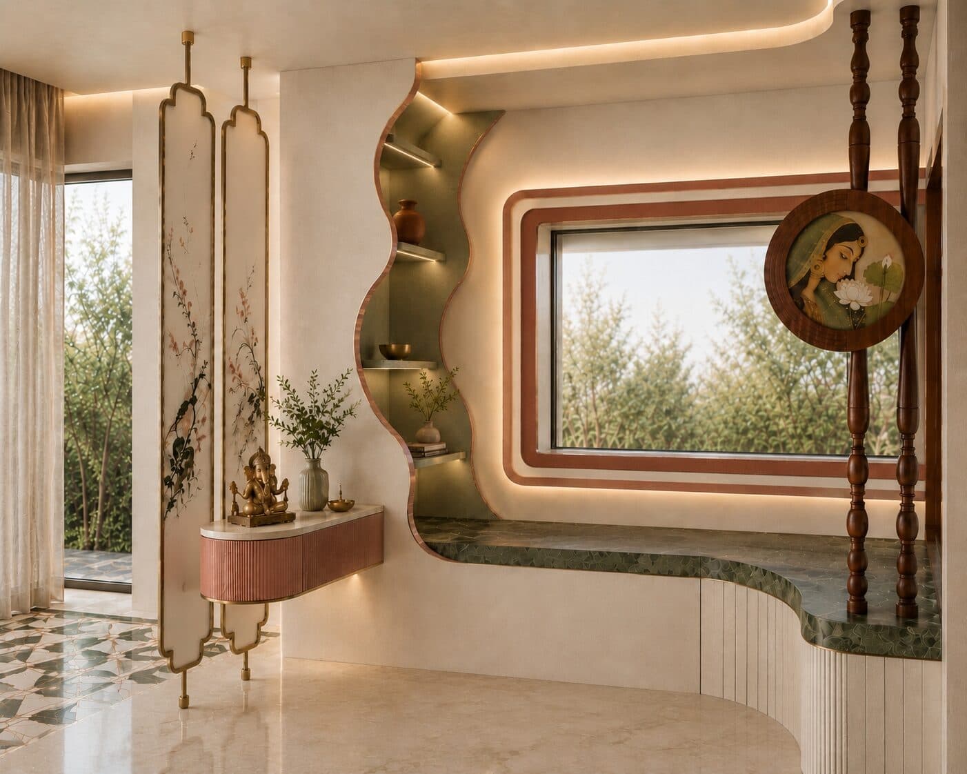 Console vignette with a brass arched mirror and a bamboo court view