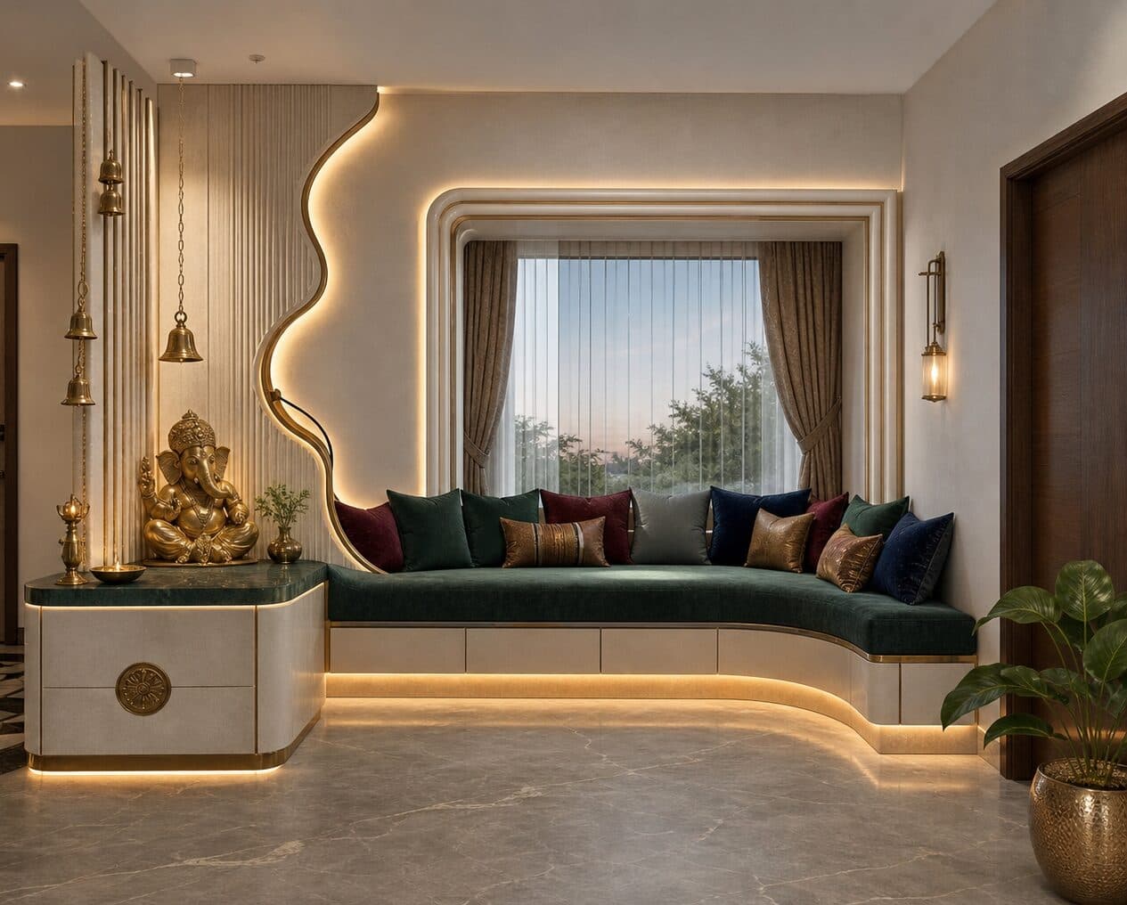 Evening view of the brass-framed feature wall and emerald console