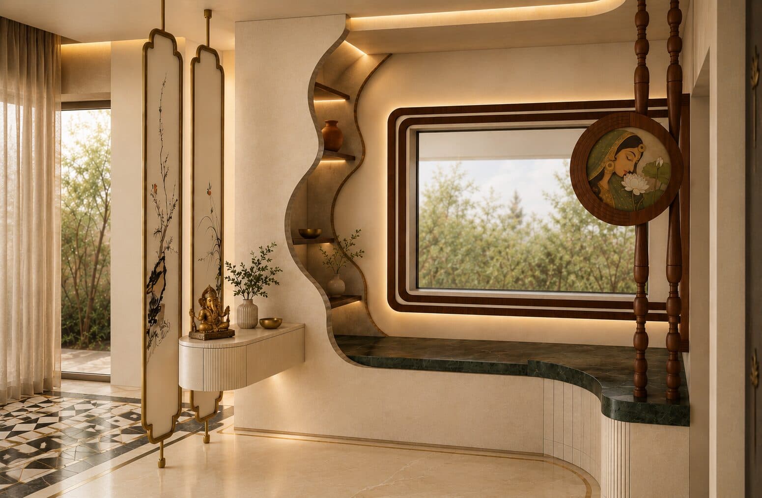 Living feature wall with an emerald console, brass arch mirror, and garden bay