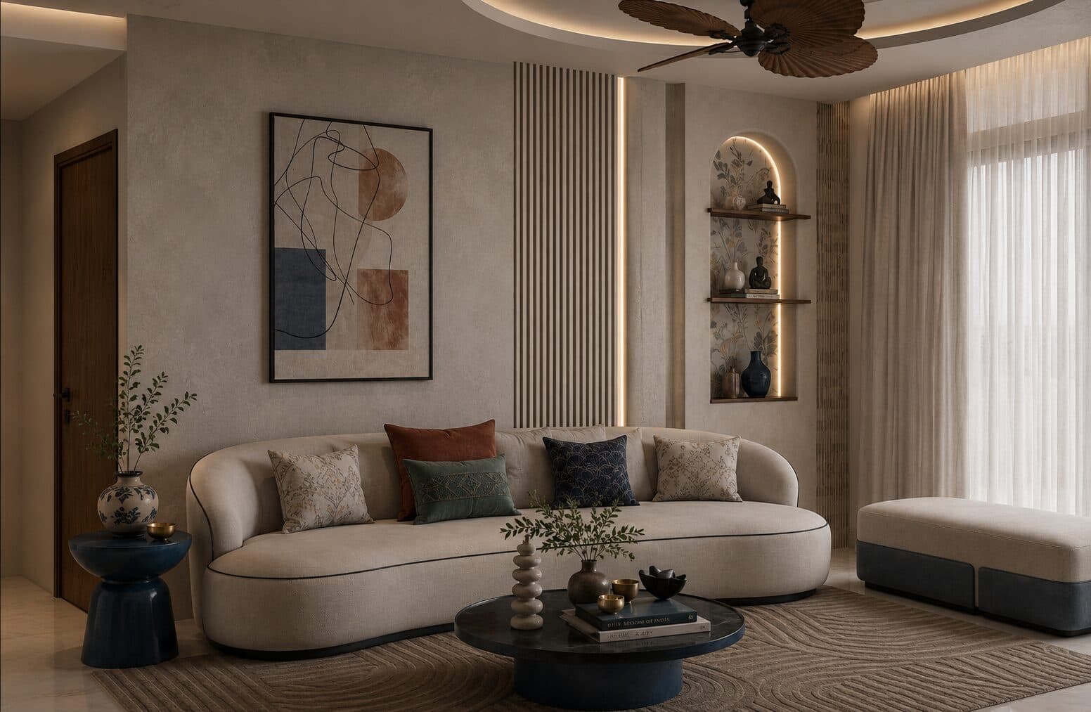 Living room with a curved cream sofa over the inlay medallion floor