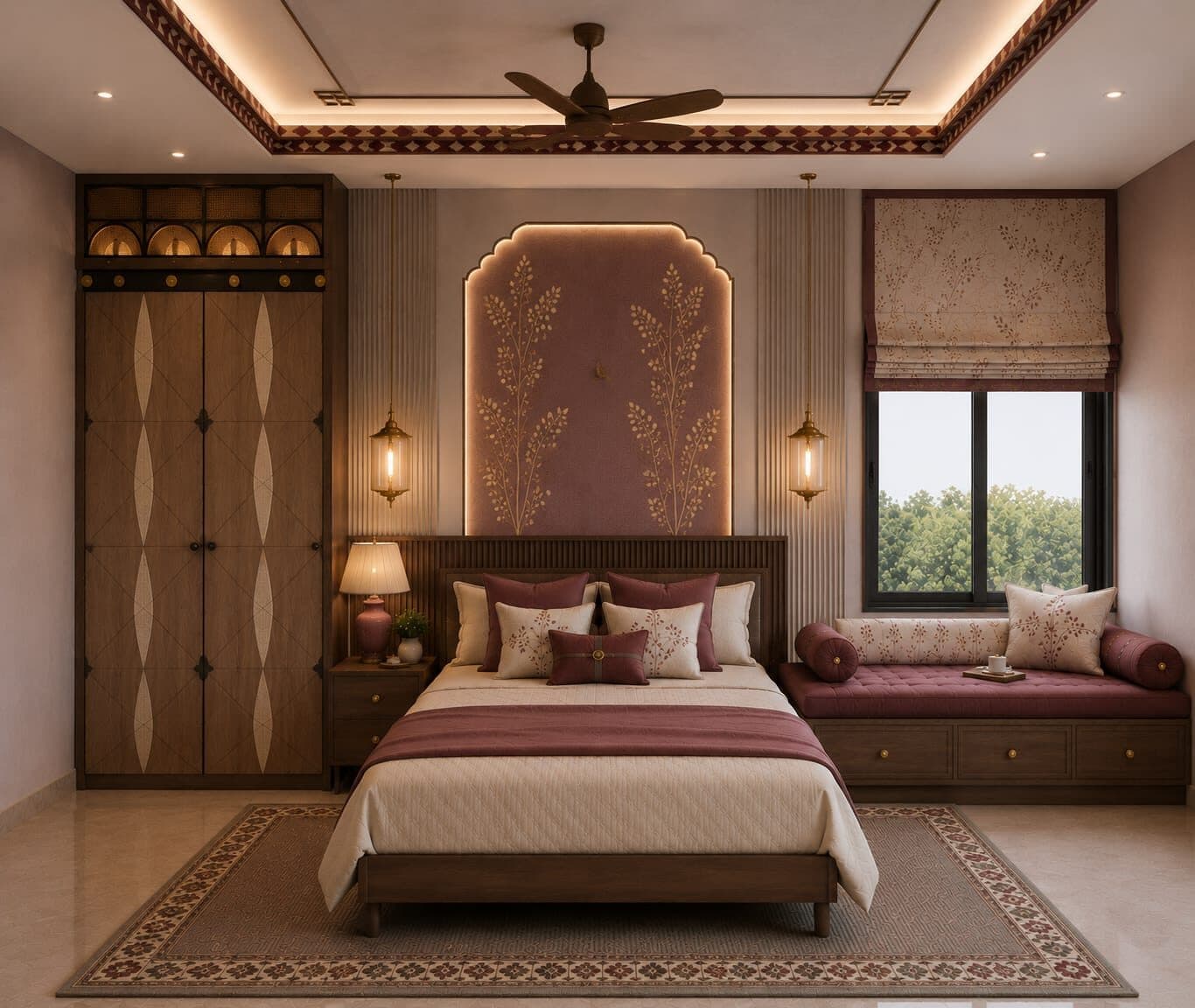 Master bedroom with an arched headboard panel, carved wardrobes, and a window seat