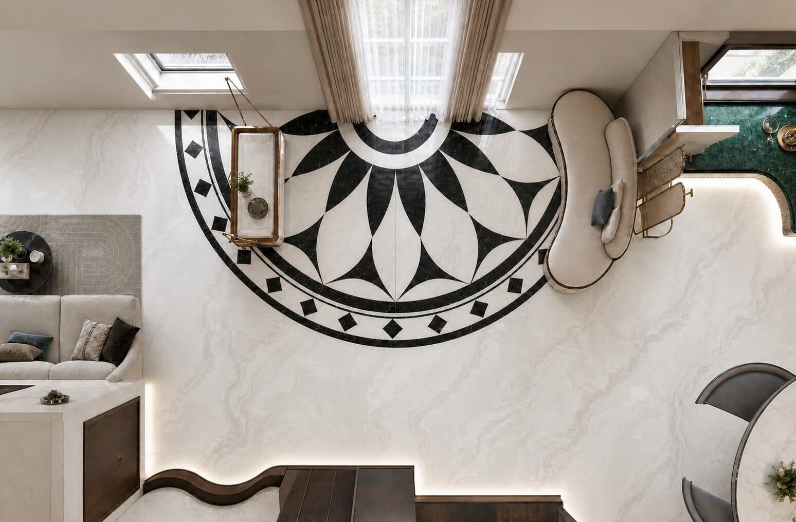 Geometric black-and-white floor medallion, detail