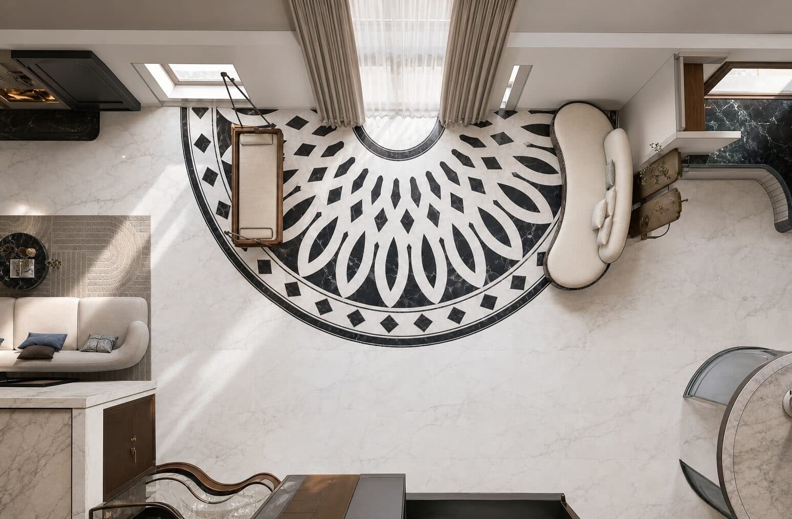 Plan view of the circular inlay floor medallion with a curved sofa