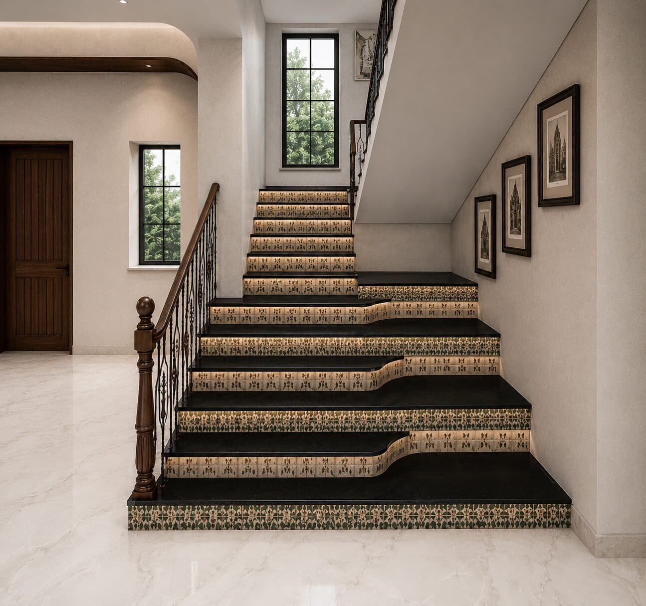 Staircase landing with framed art and warm timber treads