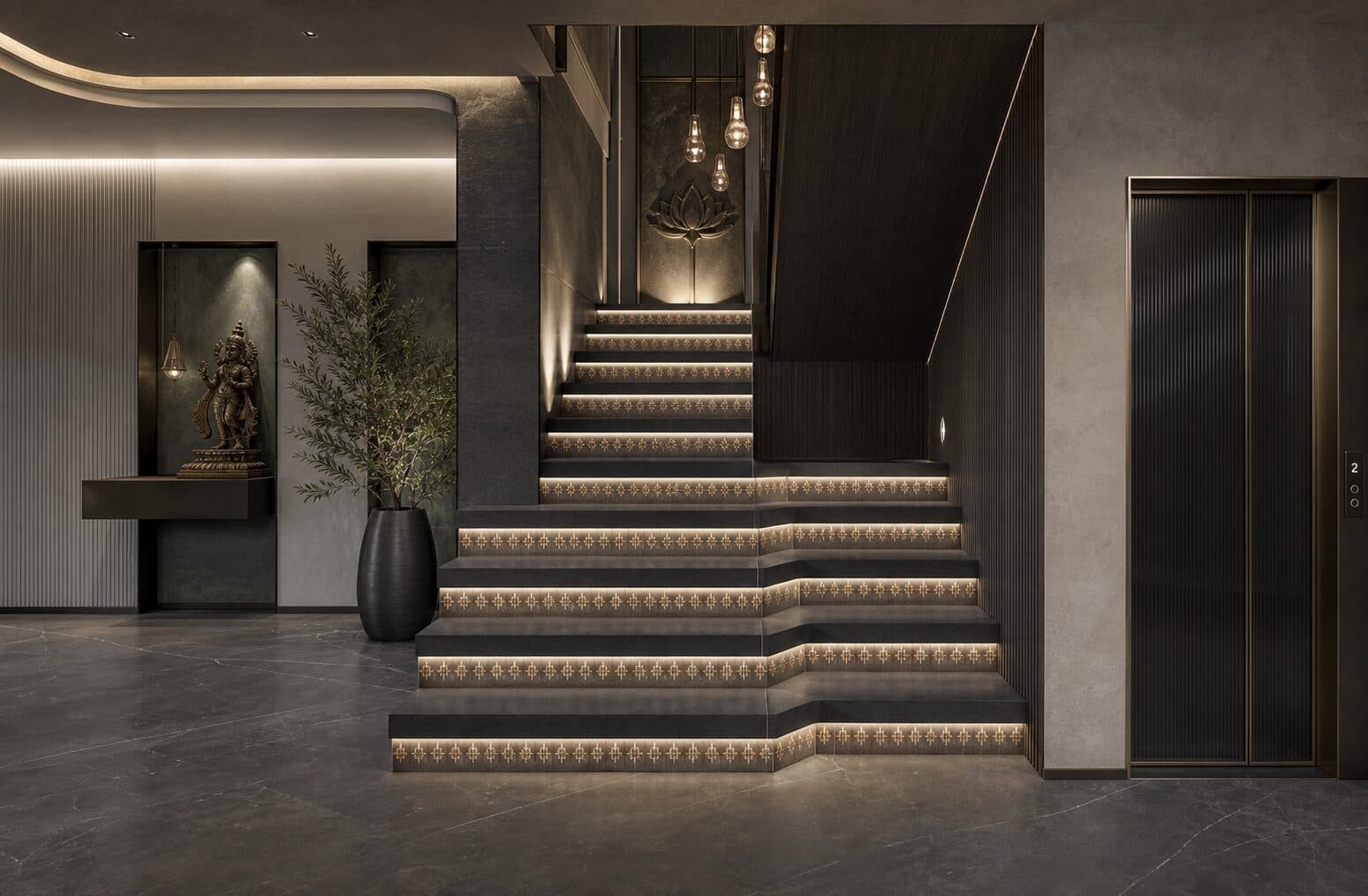 Sculpted staircase with a patterned runner and a framed gallery wall