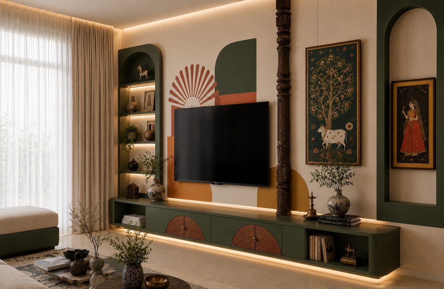 Living-room media wall with a brass-inlay console, lit display niches, and Pichwai-style art