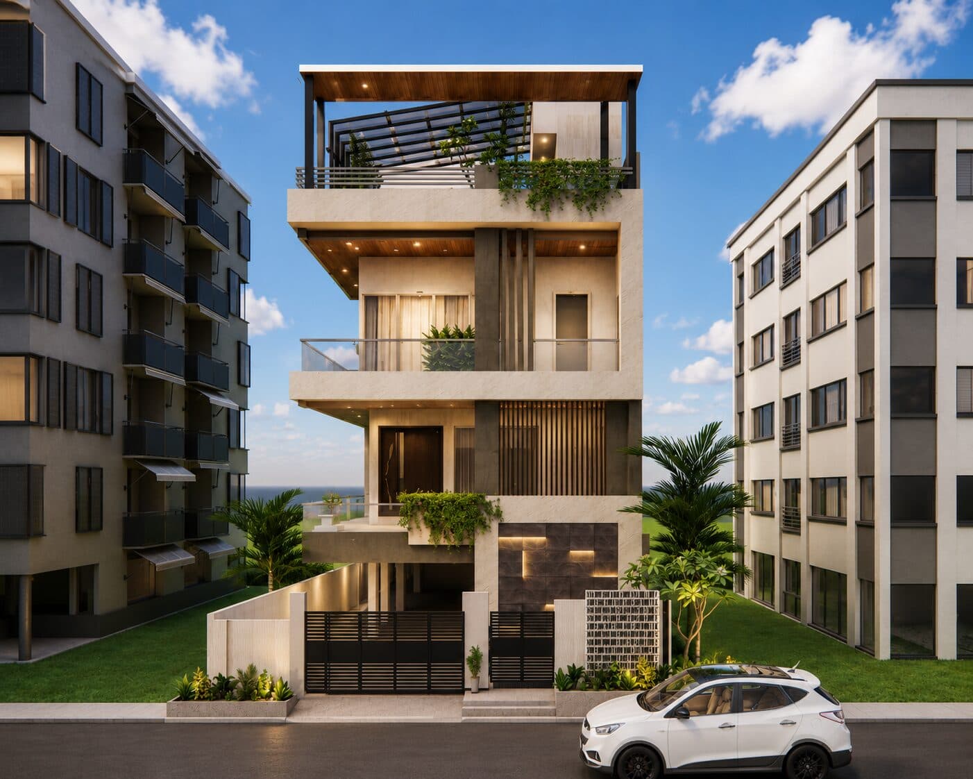 Street elevation of the multi-level Tenali residence with planted balconies and a stone-clad base